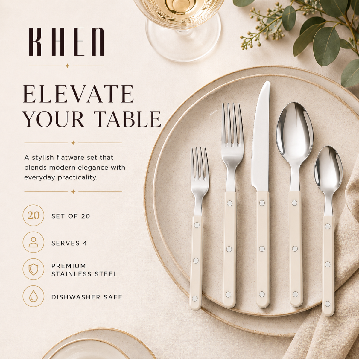 20-Piece Flatware Set for 4 - Cream Color French Cutlery