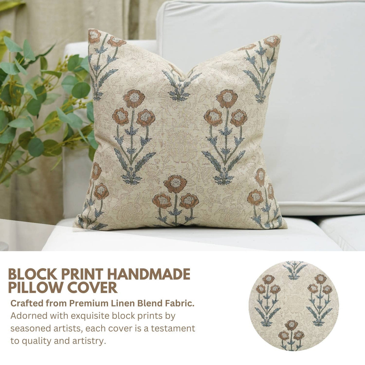 Floral Block Design Linen Blend Pillow Cover - Amitabh