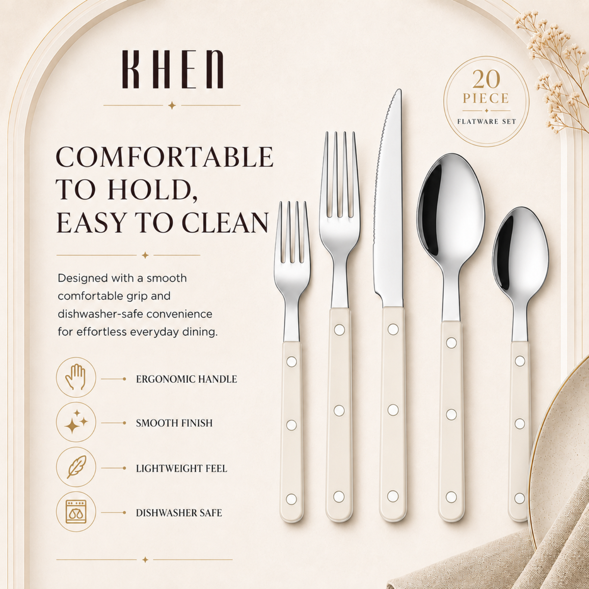 20-Piece Flatware Set for 4 - Cream Color French Cutlery