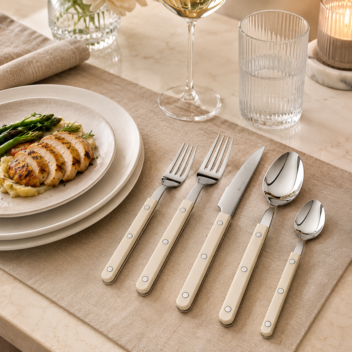 20-Piece Flatware Set for 4 - Cream Color French Cutlery