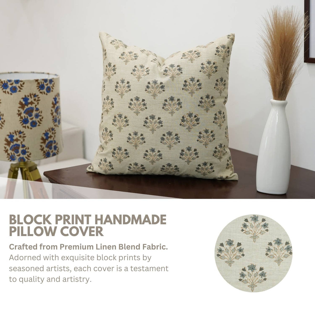 Floral Block Print Linen Blend Pillow Cover- Diwali Flower