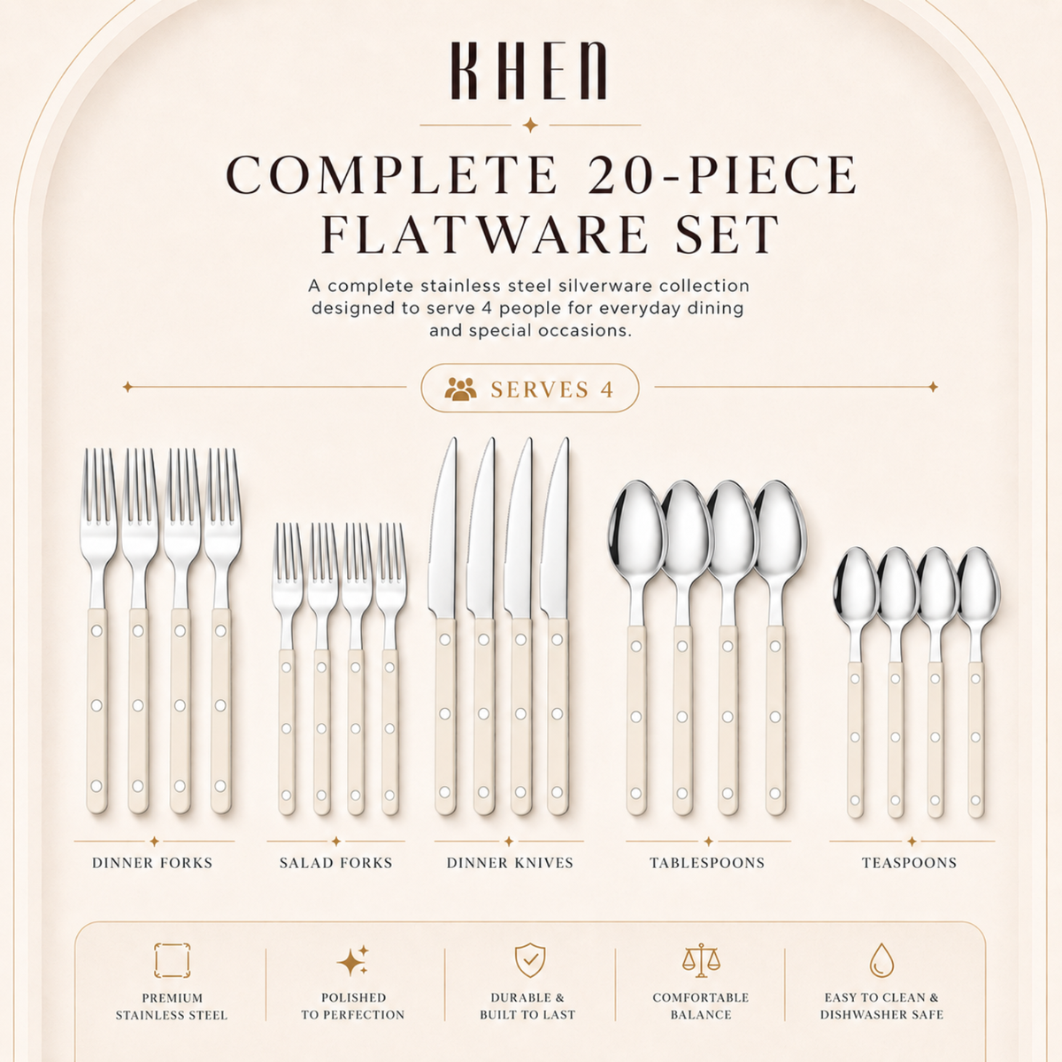 20-Piece Flatware Set for 4 - Cream Color French Cutlery