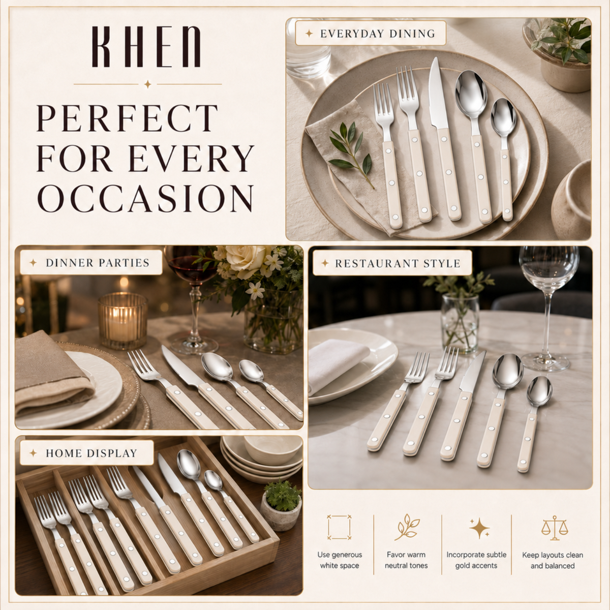 20-Piece Flatware Set for 4 - Cream Color French Cutlery