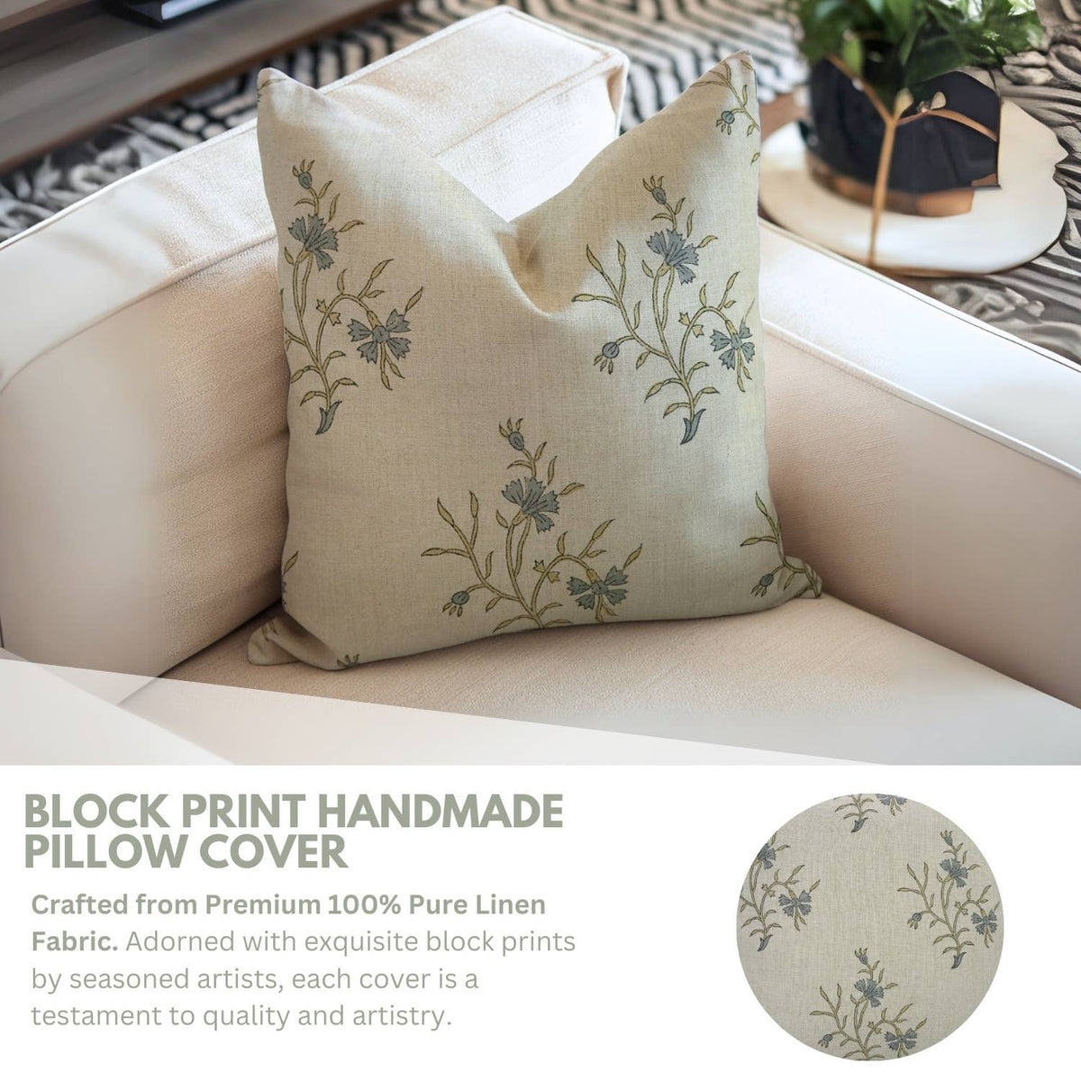 Floral Boho Pure Linen Block Print Accent Pillow Cover-Daisy