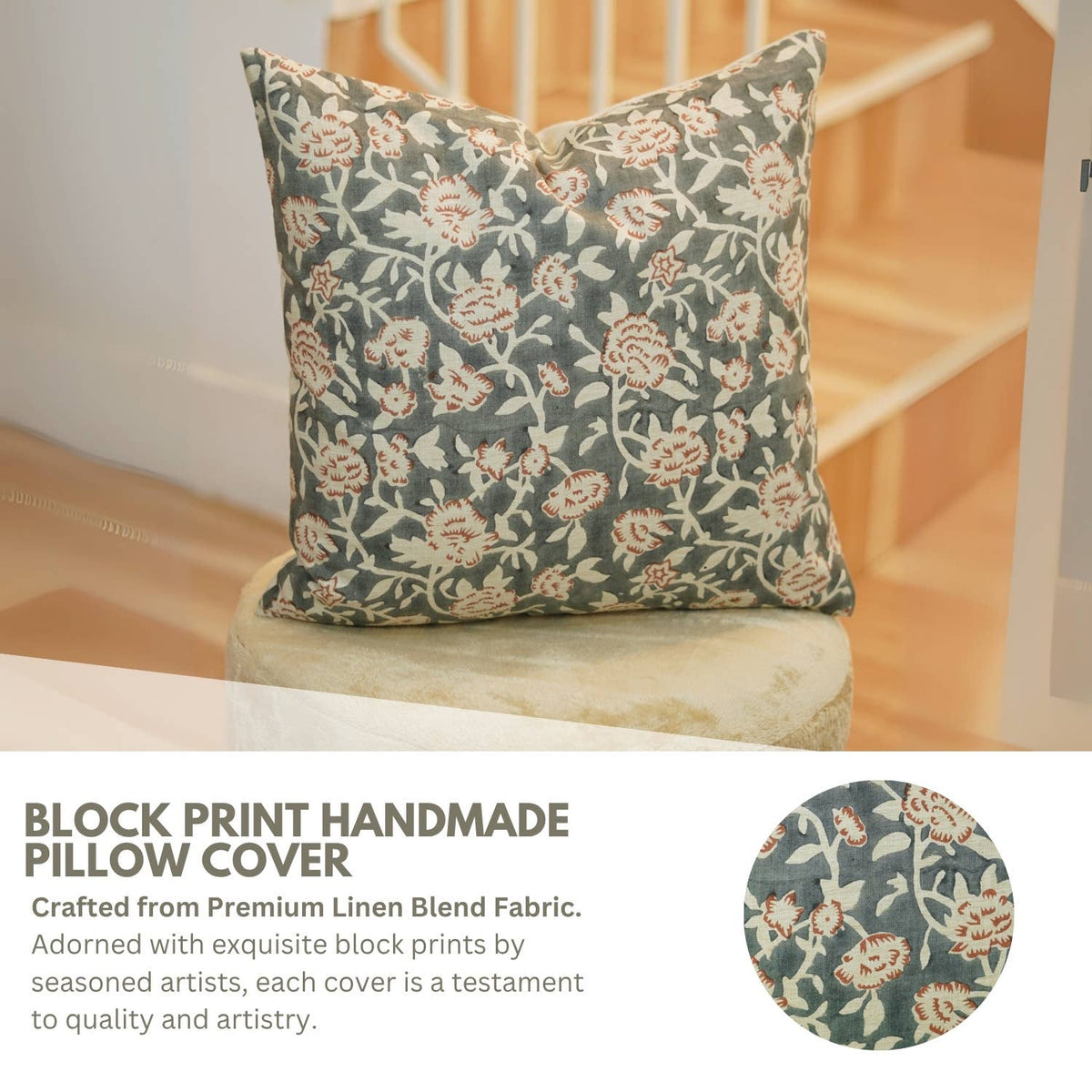 Floral Block Design Linen Blend Pillow Cover - Mriygnani
