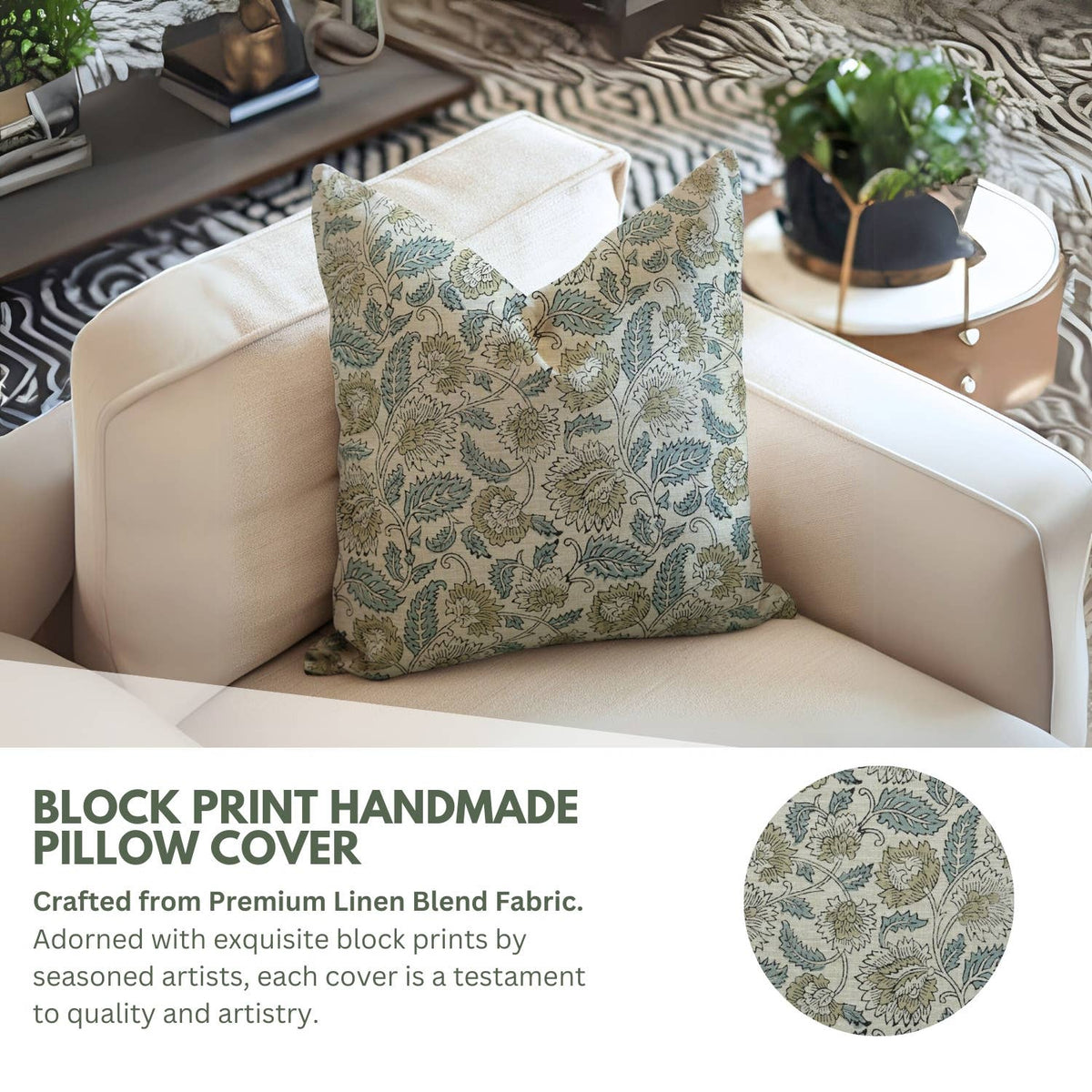 Unique Block Print Linen Blend Pillow Cover - Mandakini
